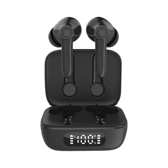 Black Thorpe TWS earbuds in a charging case, featuring a digital display and a sleek design.
