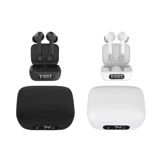 A pair of Thorpe TWS earbuds in black and white, displayed with charging cases featuring digital displays.