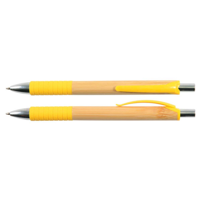 A bamboo pen set featuring a natural bamboo body and bright yellow accents, including a ribbed grip and click mechanism.