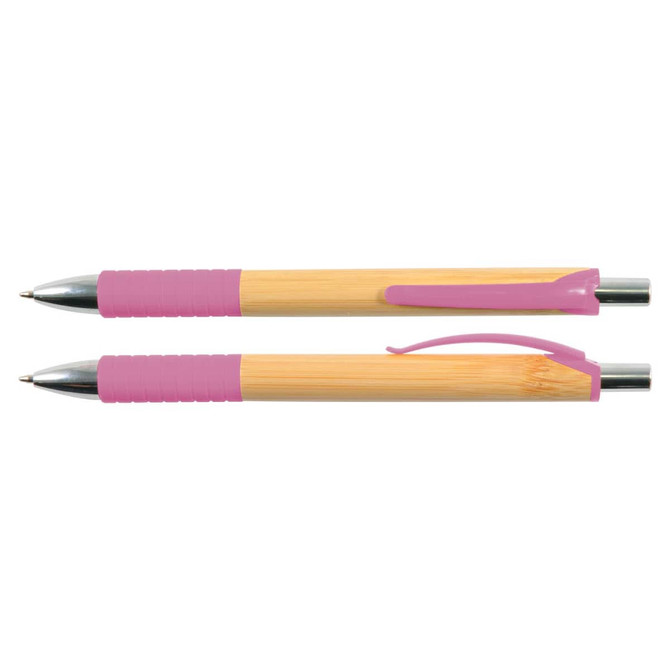 A bamboo pen with a pink grip and clip. The pen features a polished metal tip and is designed for writing.