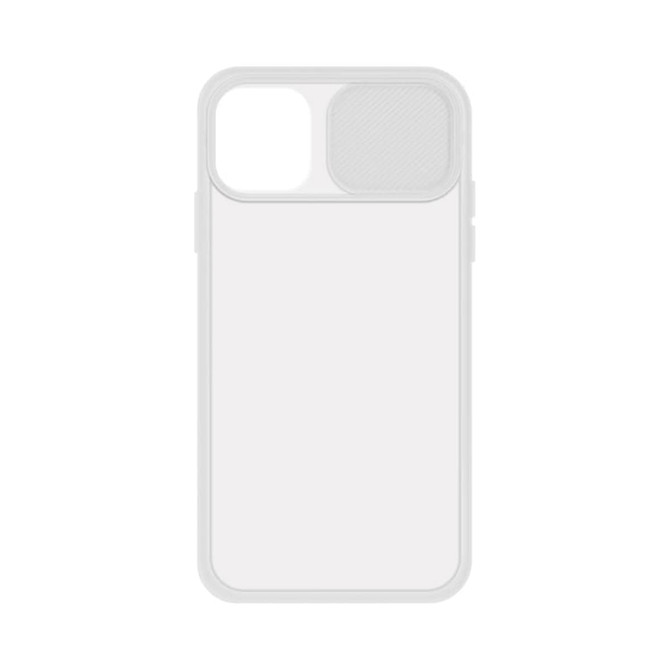A clear, transparent iPhone case with a textured section. It features a logo.