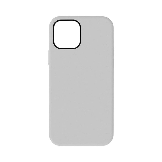 A light grey iPhone case with a minimalist design and a black camera cutout. It features a brand logo.