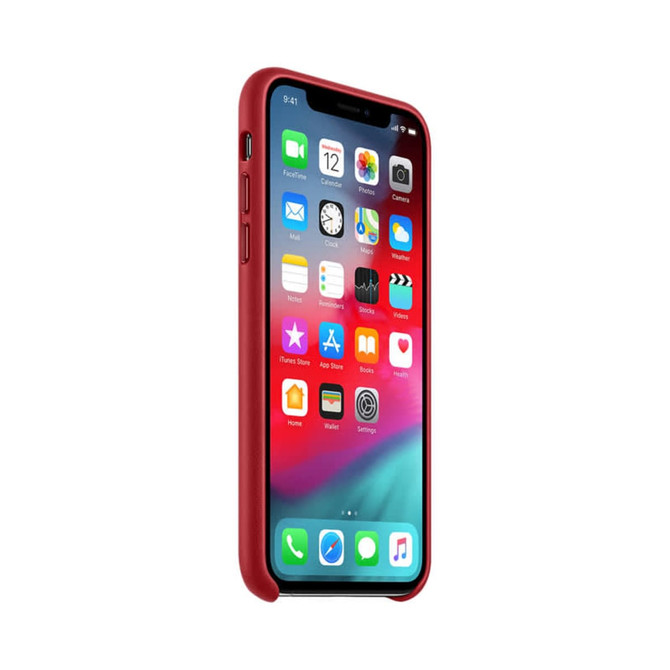 A red PU iPhone case displayed upright, showcasing its sleek design and fit over the phone, with a visible screen interface.