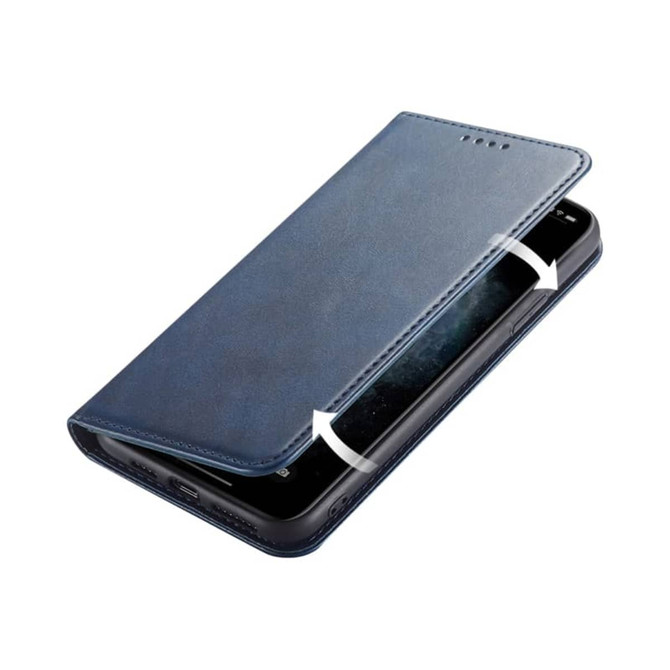 A navy blue folio iPhone case partially open, displaying the phone inside with a contrasting dark screen.
