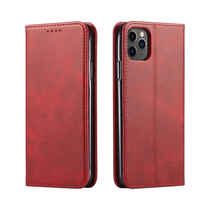 A red leather folio case for iPhone, featuring a sleek design with a branding logo and a magnetic closure.