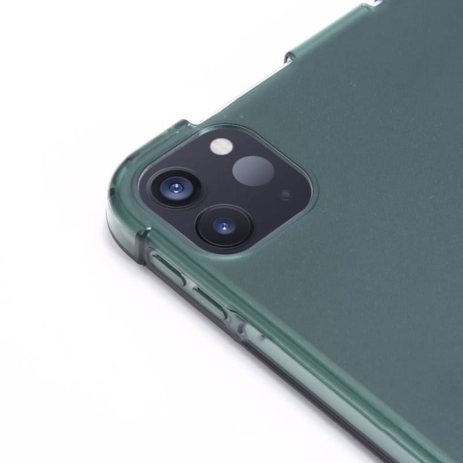 A dark green iPad case with a clear backing, featuring cutouts for the camera and buttons, along with a logo.