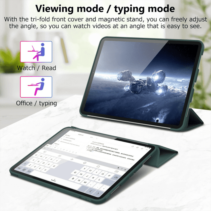 A tablet case with a tri-fold front cover, featuring a magnetic stand, displayed in viewing and typing modes. Green colour.