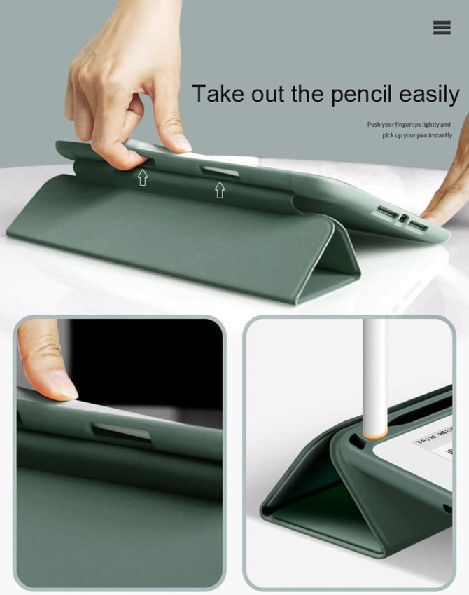 A green iPad case with a slot for a pencil, featuring a triangular stand and a textured surface.