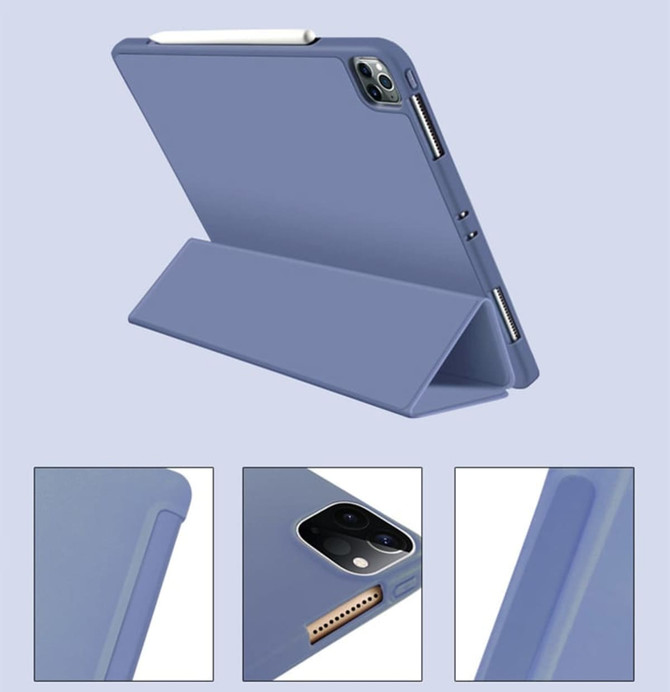 A blue iPad case with a stand feature and a slot for a stylus, showcasing various angles.