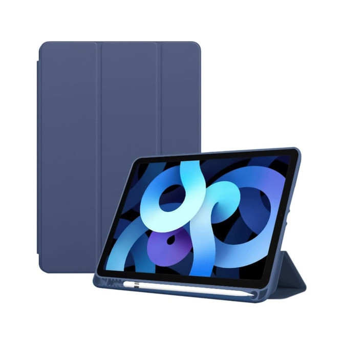 A navy blue iPad case with a foldable cover, designed to accommodate the tablet securely. Features a logo.