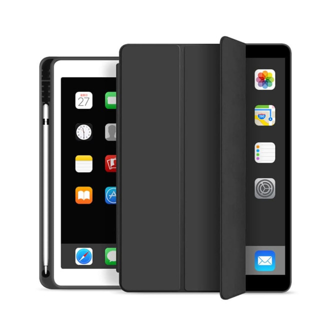A black Rover Folio iPad Case displayed open and closed, featuring a sleek design and a stylus.