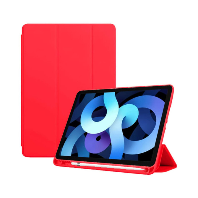 A red Rover Folio iPad case, featuring a stand, with a tablet displaying abstract designs. It includes a branding logo.