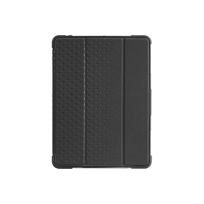 A black rugged iPad case with textured surfaces and a logo, designed for protection and style.