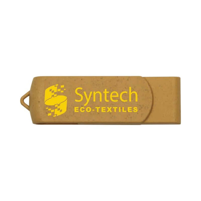 A brown eco-friendly swivel flash drive with a logo, featuring a sleek design.