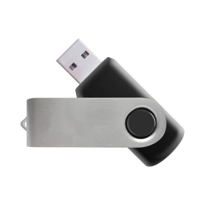 A black and silver Mix N Match flash drive with a swivel design and a circular button. It features a branding logo.
