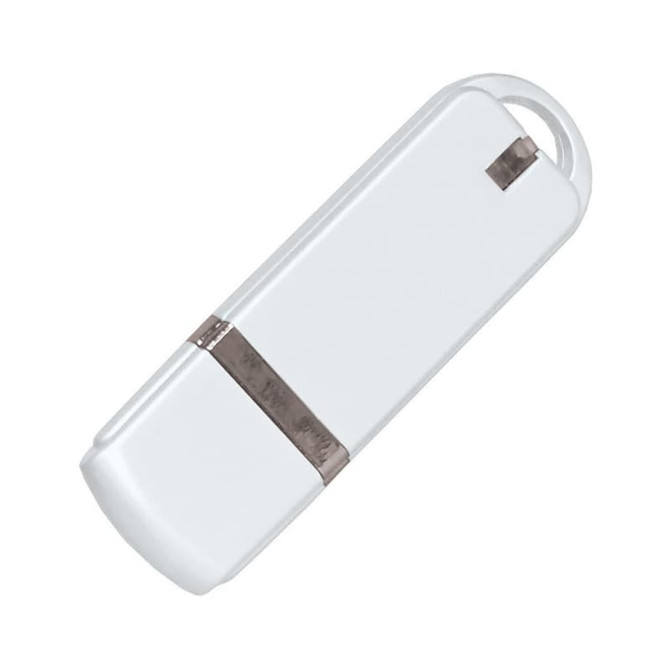 A white flash drive with a silver band, featuring a loop for easy attachment.