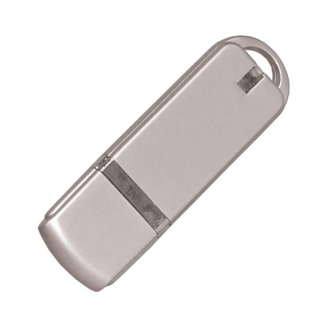 A silver flash drive with a rounded end and a keyring attachment, featuring a simple design and logo.