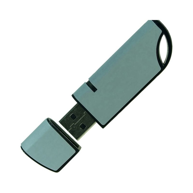 A silver flash drive with a black trim, featuring a removable cap and a USB connector.