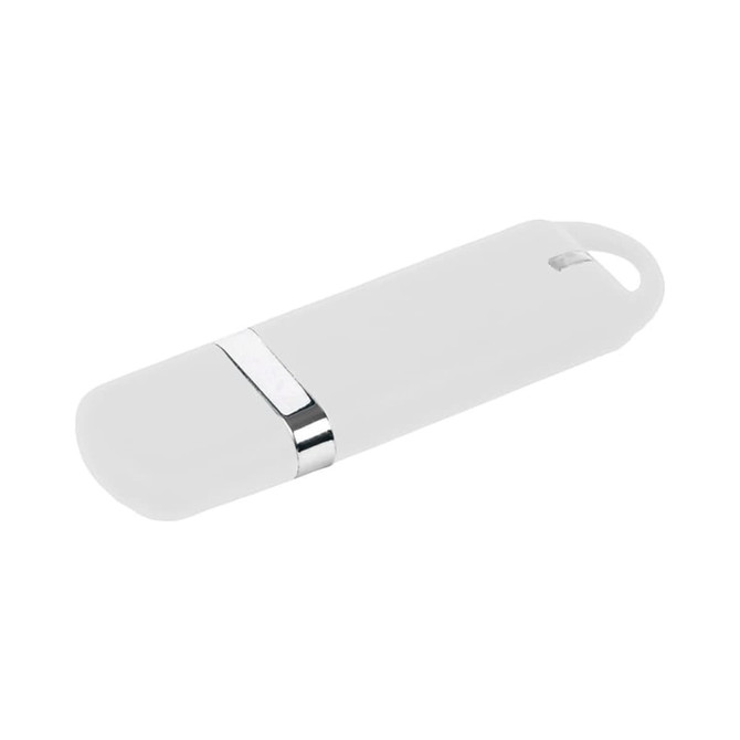 A white flash drive featuring a sleek design with a silver metallic band and a loop for easy attachment.