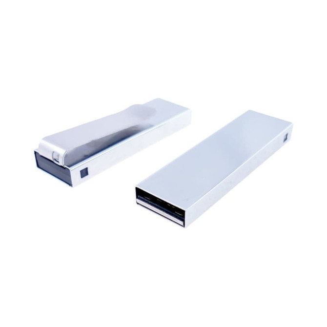 A sleek, silver USB clip drive with a minimalist design, featuring a branding logo on one side.