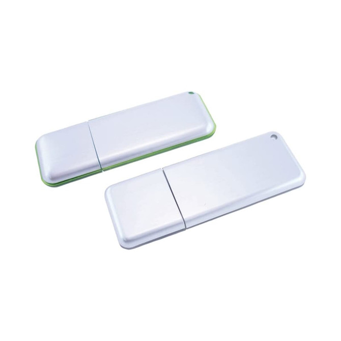 Two aluminium slim drives in white with green accents, featuring a simple design and a logo on one side.