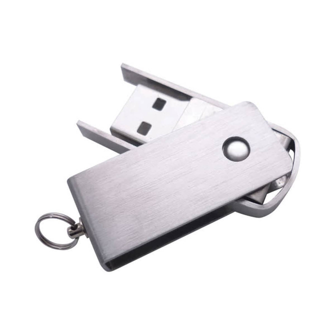 A silver metal flash drive with a sliding and swivelling mechanism, featuring a small keyring attachment.
