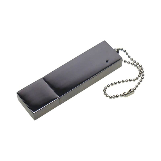 A sleek, silver Slimline Metal Drive with a polished finish and a chain attachment.