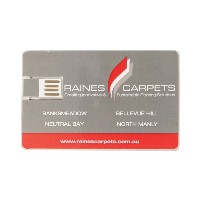 Acrylic credit card flash drive featuring a silver and red design with a logo and multiple location names.