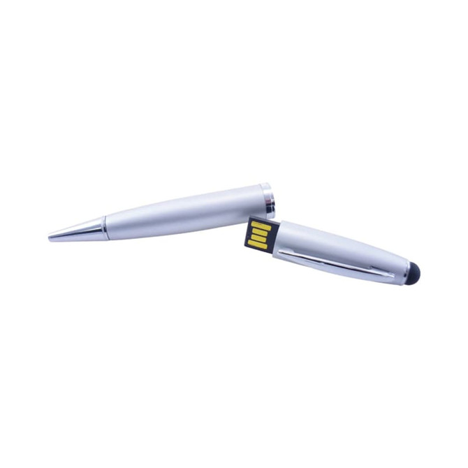 A silver stylus USB pen with a removable cap revealing a USB connector. It features a sleek design and a logo.