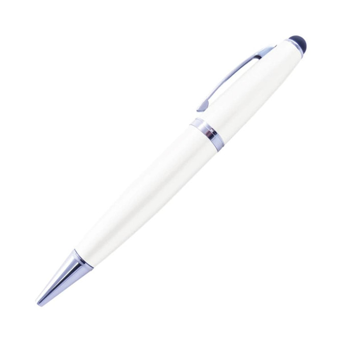 A white stylus USB pen with chrome accents, featuring a clip and a rounded tip. It has a logo on the barrel.