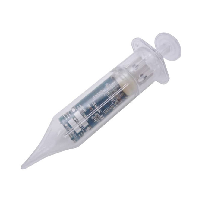 A clear syringe-shaped flash drive with a visible circuit board inside. It features a rounded end and a plunger.