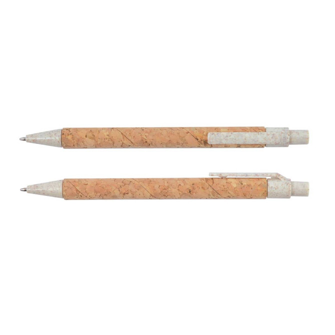 A cork pen featuring a natural cork body and light-colored accents, displayed from two angles.