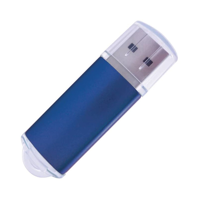 A blue flash drive with a clear cap, featuring USB connectors on both ends and a simple design.
