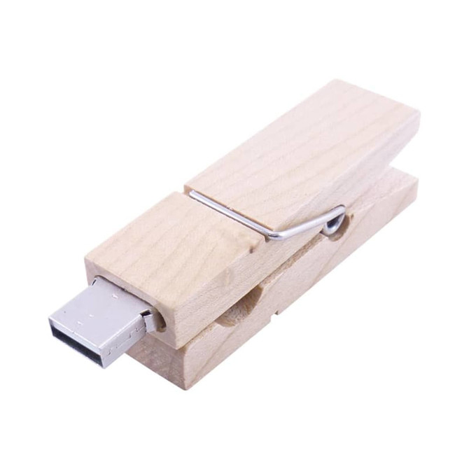 A wooden peg flash drive with a USB connector, showcasing a natural wood finish. It features a logo on the surface.