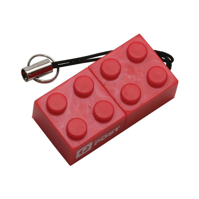 A red building block-shaped flash drive with a keyring attachment and a branding logo.