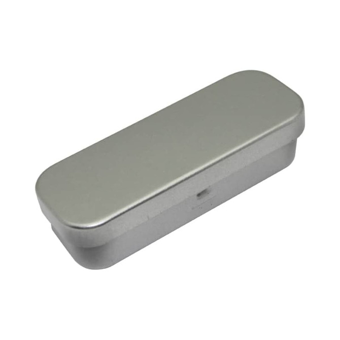 A silver tin box with a rectangular shape and rounded edges, featuring a hinged lid.