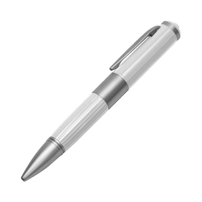 A metal pen in white and silver, featuring a sleek design and a clip for attachment.