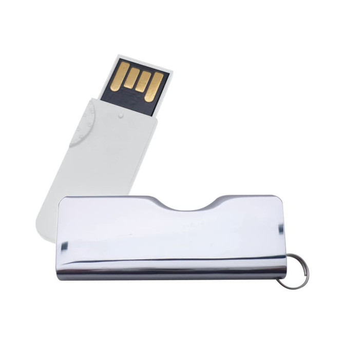 A sleek silver flash drive with a white casing, featuring a keyring attachment for portability.