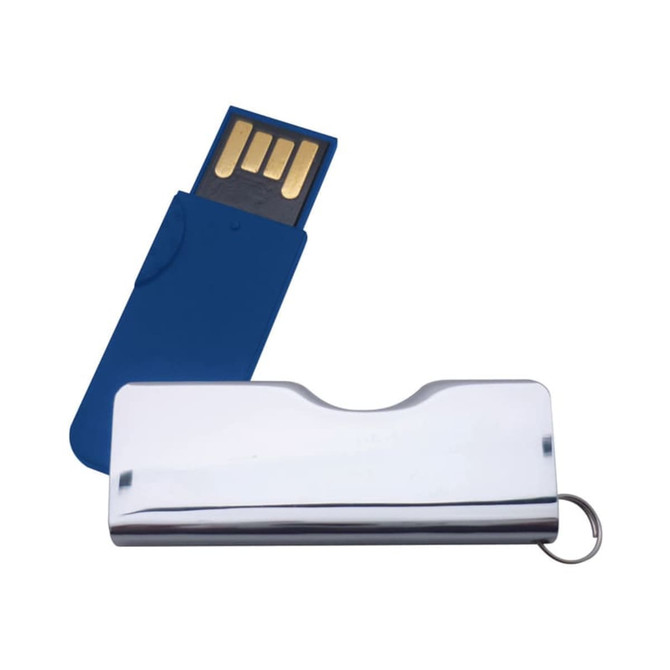 A silver and blue flash drive with a sleek design, featuring a removable cap and a keyring attachment.
