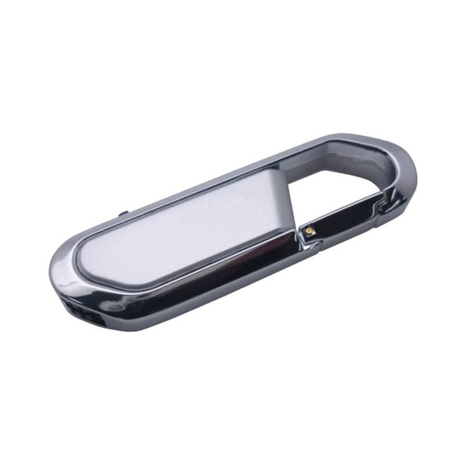 A sleek silver carabiner flash drive with a metallic finish and an integrated clip design.