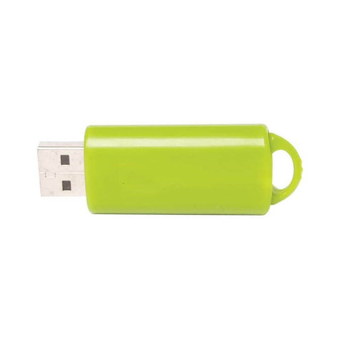 A bright green flash drive with a USB connector and a loop for easy attachment, featuring a logo.