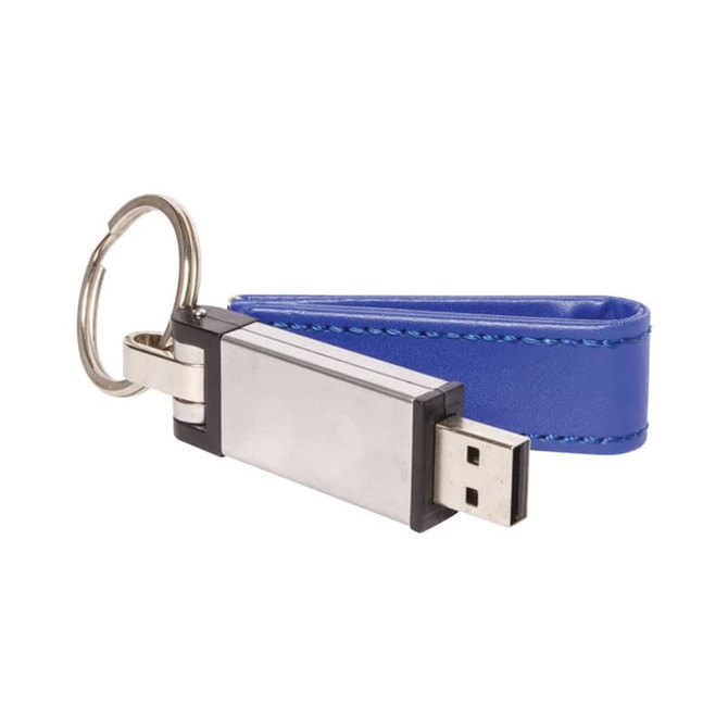 A silver USB flash drive with a blue PU leather strap and keyring attachment.