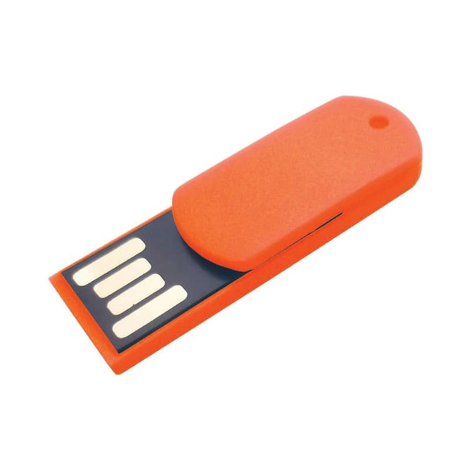 An orange paper clip flash drive with a removable cap and a branding logo.