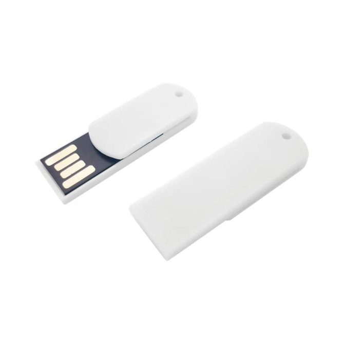 A white paper clip-shaped flash drive with a sliding cap and a branding logo.
