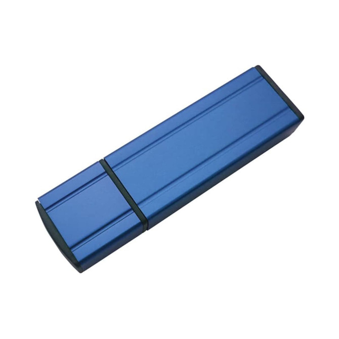 A blue flash drive with a sleek design and a black end cap. The device features a logo on its surface.