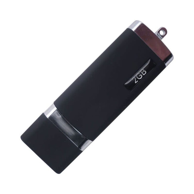 A black flash drive with a silver accent and a storage capacity indicator. It features a logo on its surface.