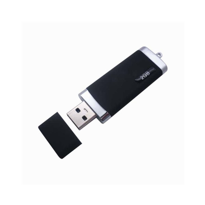 A black and silver flash drive with a removable cap, featuring a logo on its side.