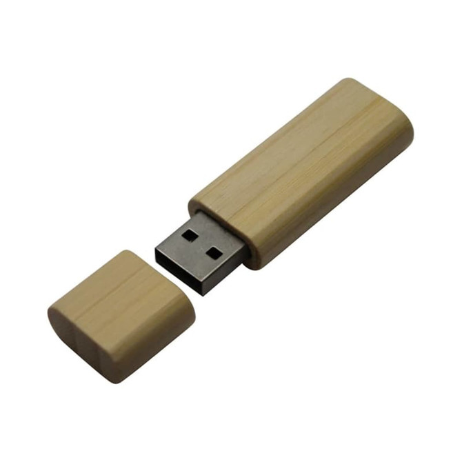 A wooden flash drive in a light bamboo colour, featuring a removable cap and a metallic USB connector.