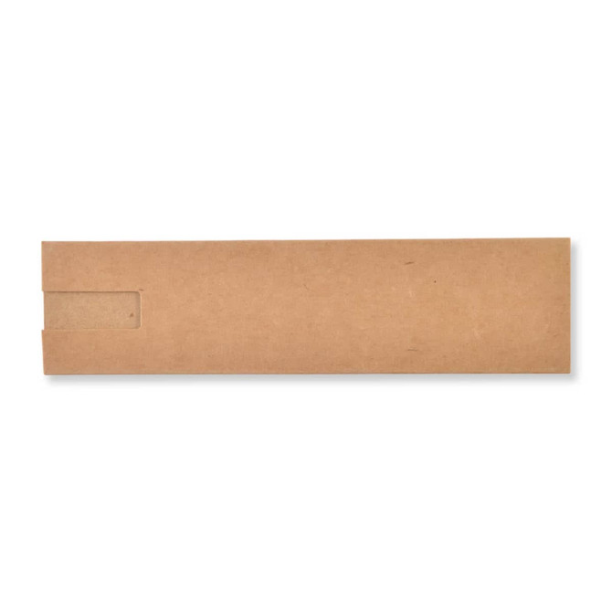 A eco-friendly pen packaged in a simple kraft paper sleeve, designed to highlight sustainability and style.