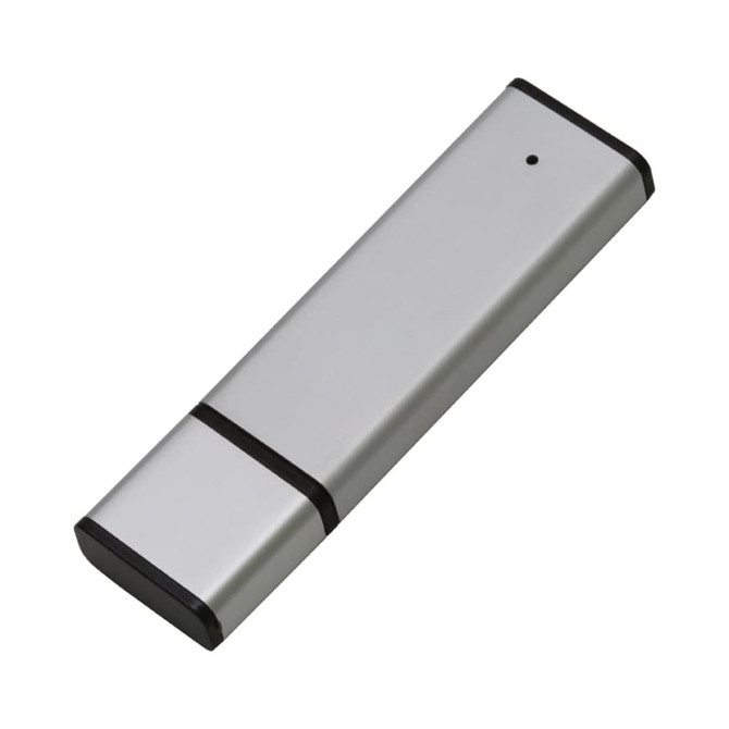 A silver flash drive with black accents and a sleek, minimalist design. It features a logo on its surface.
